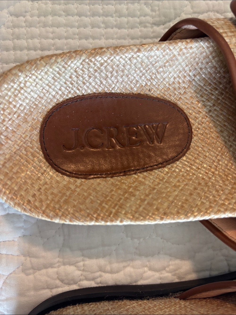 J. Crew Straw Slide Sandals with Brown Trim and Gold Buckles - Picture 2 of 4
